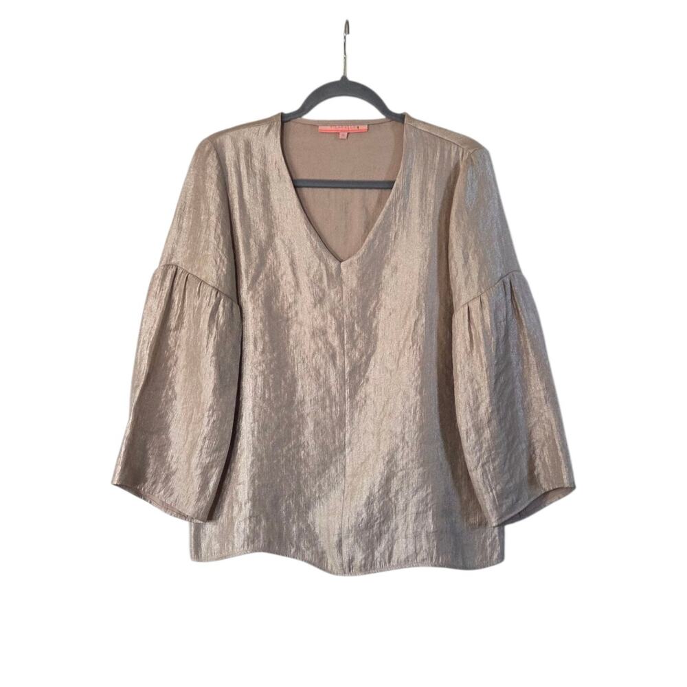 Vilagallo Cream Gold Sheen Shiny Flowy Boho Chic Peasant Top Blouse, Size Large